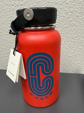 Coach Red Insulated Water Bottle with Navy Logo